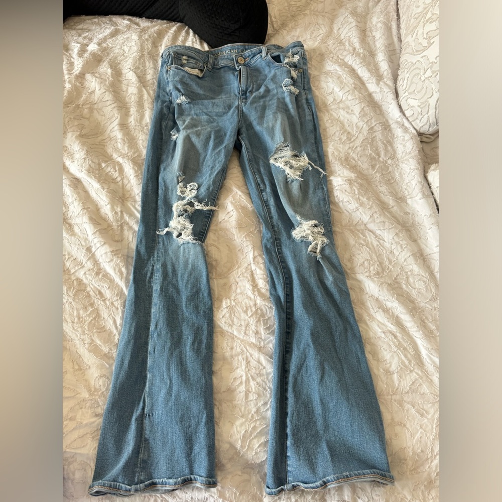 American Eagle Outfitters Blue Distressed Flare Jeans